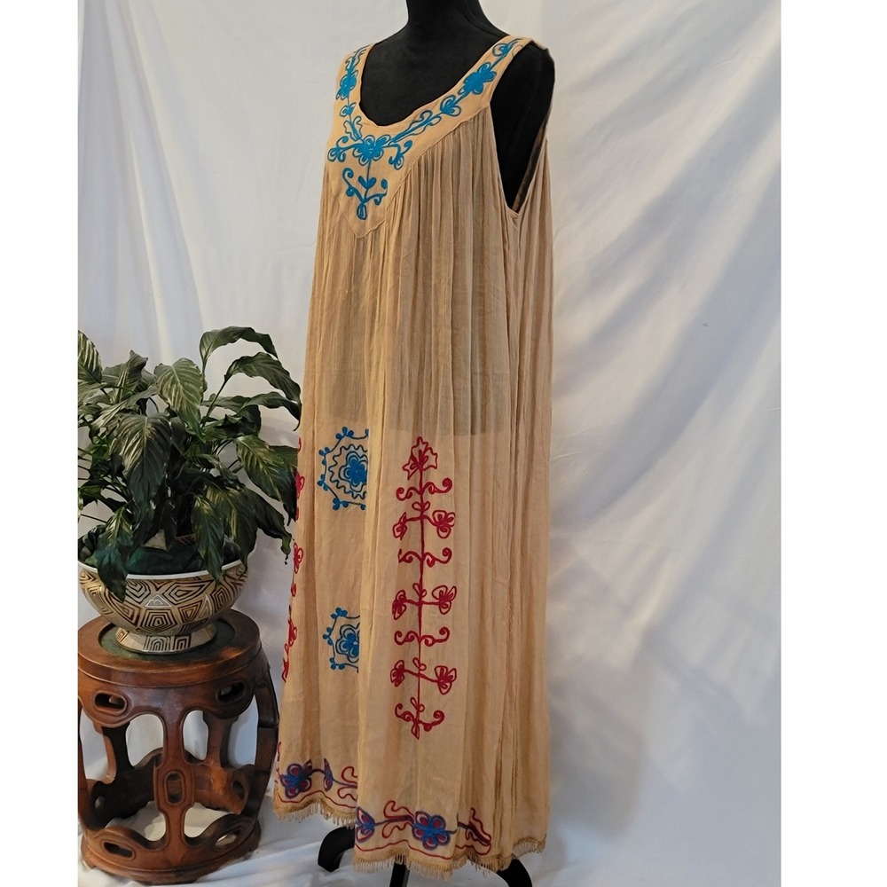 Sunflower Tan Crinkle Rayon Embroidered Maxi Dress Sleeveless Boho‎ Kaftan OS